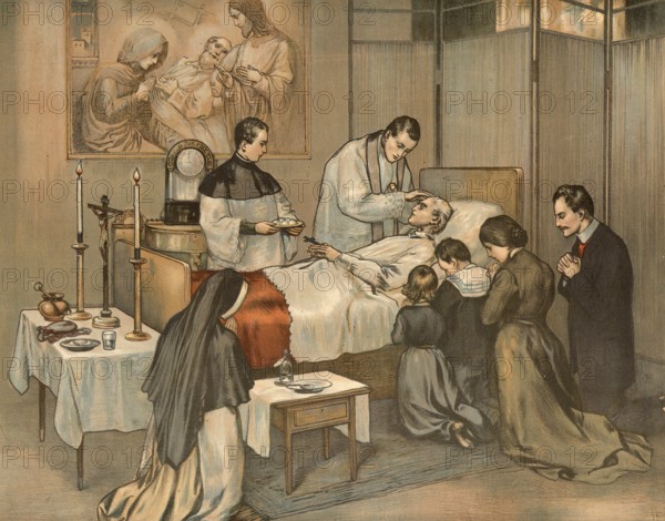 Scene from the biblical story, The term Last Oiling in Christian tradition refers to the sacrament, which is now officially known as the Anointing of the Sick, authentic reproduction of a school mural, historical, around 1900