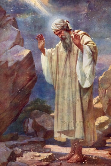 Scene from the biblical story, Law that God gave Moses on Mount Sinai, is God's Covenant with Israel, mainly the Ten Commandments, authentic reproduction of a school mural, historical, around 1900