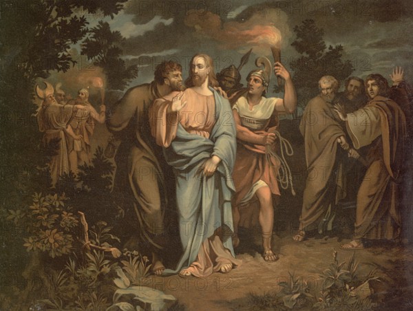 Scene from the biblical story, The Kiss of Judas, Judas Kiss, authentic reproduction of a school mural, historical, around 1900