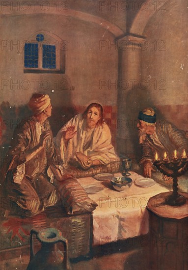 Scene from the biblical story, On the Day of Jesus' Resurrection, two disciples, one of them named Cleopas, wander from Jerusalem to the village of Emmaus about eleven kilometers away, authentic reproduction of a school mural, historical, around 1900