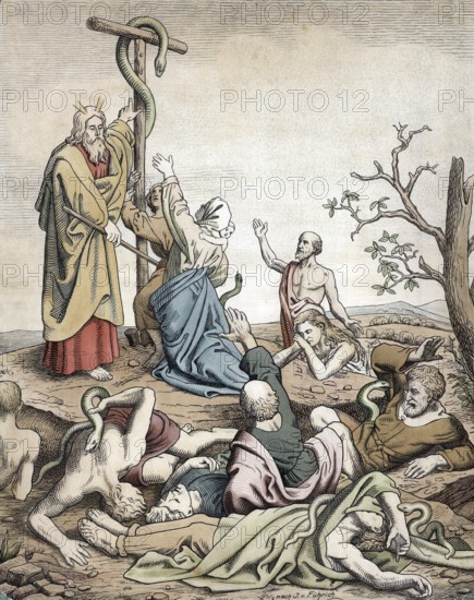 Scene from the biblical story, The Healing Copper Snake, a story from the 4th book of Genesis where God commands Moses to put a bronze or copper snake on a pole so that Israelites who have been bitten by poisonous snakes can look at and be healed, authentic reproduction of a school mural, historical, around 1900