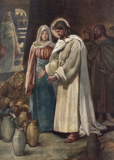 Scene from the biblical story, Jesus' first miracle described in the Bible is the wedding at Cana, during which he turns water into wine, authentic reproduction of a school mural, historical, around 1900