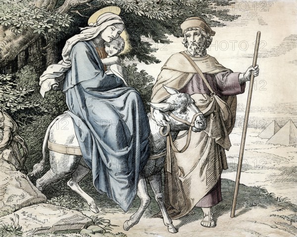 Scene from the biblical story, The Flight into Egypt, authentic reproduction of a school mural, historical, around 1900
