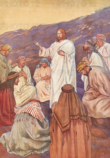 Scene from the biblical story, The Mission, Go now and make disciples of all nations by baptizing them in the name of the Father and the Son and the Holy Spirit and teaching them to keep everything I have commanded you, authentic reproduction of a school mural, historical, around 1900