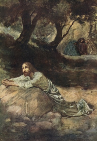 Scene from the biblical story, The Garden of Gethsemane is the place at the foot of the Mount of Olives in Jerusalem where Jesus prayed with his disciples the night in front of his crucifixion, authentic reproduction of a school mural, historic, around 1900