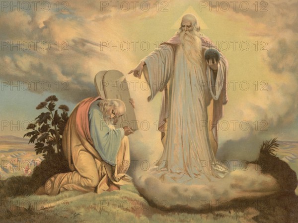 Scene from the biblical story, The Legislation on Mount Sinai is the central event in which God handed over the Ten Commandments and the Covenant to the people of Israel through Moses, authentic reproduction of a school mural, historical, around 1900