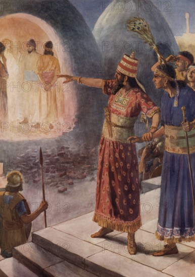 Scene from the biblical story, The Three Children in the Fire Furnace or Shadrach, Meshach and Abednegol, where she tells the story of three young Hebrews who were thrown into a glowing oven by the Babylonian king Nebuchadnezzar but were miraculously saved by an angel of God, authentic reproduction of a school mural, historical, around 1900