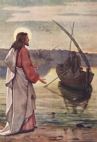 Scene from the biblical story, The first disciples or first apostles in the Bible are traditionally the fishermen Simon Peter and Andrew, authentic reproduction of a school mural, historical, around 1900