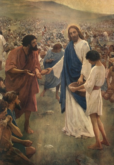 Scene from the biblical story, feeding the five thousand, miracle of the five loaves and two fishes, a famous story in the Bible, authentic reproduction of a school mural, historical, around 1900