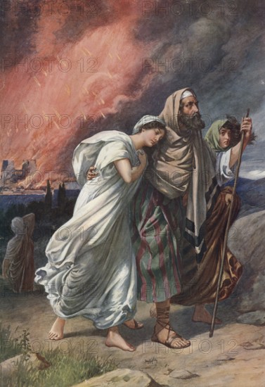 Scene from the biblical story, The Destruction of Sodom, authentic reproduction of a school mural, historical, around 1900