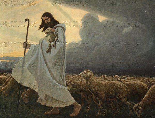 Scene from the biblical story, The Good Shepherd, is a central metaphor for Jesus Christ in the Bible, authentic reproduction of a school mural, historic, around 1900