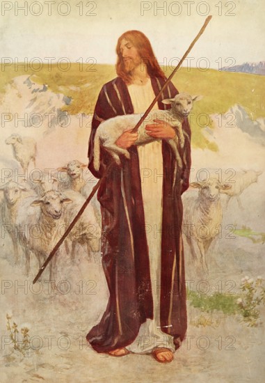 Scene from the biblical story, The Good Shepherd, is a central metaphor for Jesus Christ in the Bible, authentic reproduction of a school mural, historic, around 1900