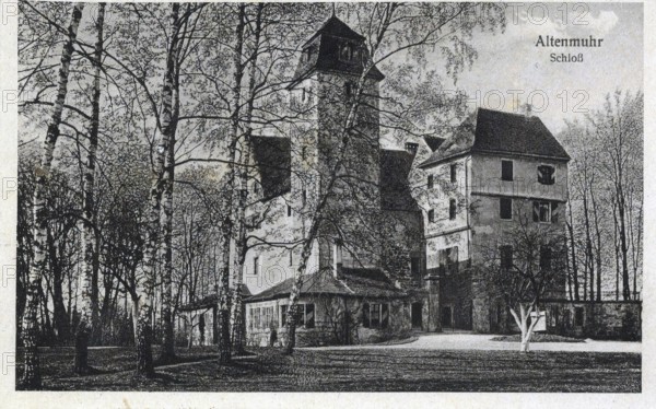 Altenmuhr Castle, moated castle from the 12th century in the village of Altenmuhr, Weissenburg-Gunzenhausen district, Middle Franconia, Bavaria, Germany, postcard, view around 1900 - 1910, historical, digital reproduction of a historical postcard, authentic, public domain, from that time, exact date unknown