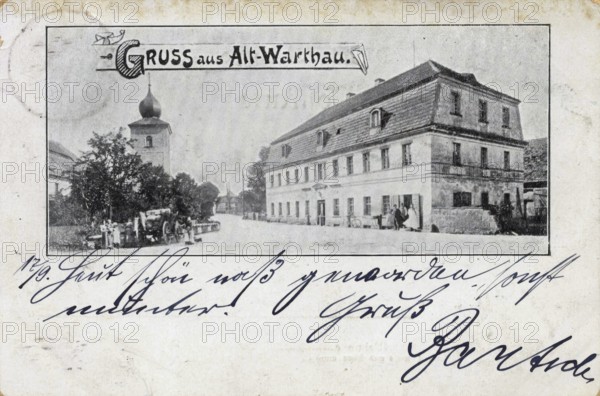 Old Warthau, today Gmina Warta Boleslawiecka, a rural community in Boleslawiecki County, Lower Silesian Voivodeship, Poland, postcard, view around 1900 - 1910, historical, digital reproduction of a historical postcard, authentic, public domain, from that time, exact date unknown