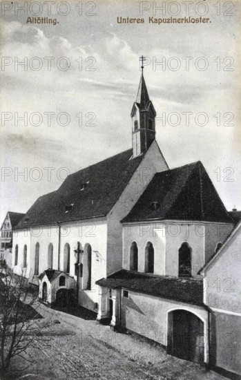 Lower Capuchin monastery in Altötting at night, Altötting district, Upper Bavaria, Bavaria, Germany, postcard, view around 1900 - 1910, historical, digital reproduction of a historical postcard, authentic, public domain, from that time, exact date unknown