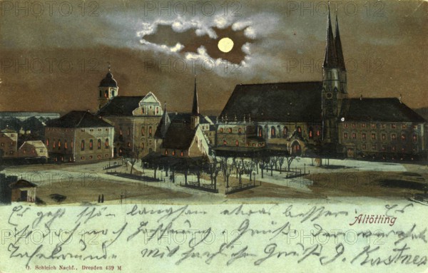 Pilgrimage chapel and chapel square in Altötting at night, Altötting district, Upper Bavaria, Bavaria, Germany, postcard, view around 1900 - 1910, historical, digital reproduction of a historical postcard, authentic, public domain, from that time, exact date unknown