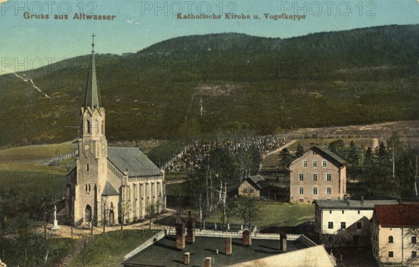 Altwasser, Catholic Church and Vogelkoppe, postcard, view around 1900 - 1910, historical, digital reproduction of a historical postcard, authentic, public domain, from that time, exact date unknown