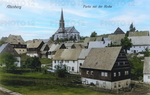 Altenberg in the Ore Mountains, town and church, today Saxon Switzerland-Eastern Ore Mountains district, Saxony, Germany, postcard, view around 1900 - 1910, historical, digital reproduction of a historical postcard, authentic, public domain, from that time, exact date unknown