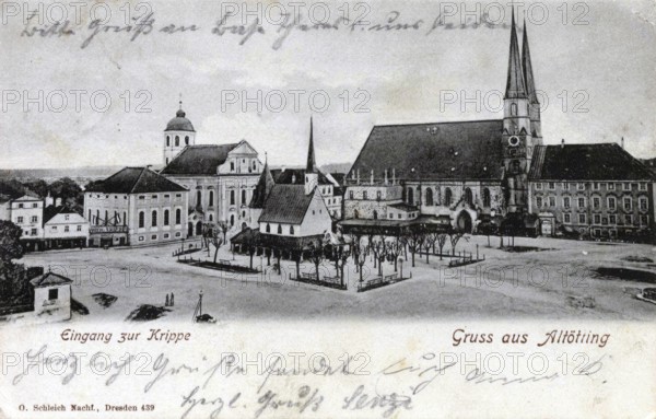 Pilgrimage chapel and chapel square in Altötting, Altötting district, Upper Bavaria, Bavaria, Germany, postcard, view around 1900 - 1910, historical, digital reproduction of a historical postcard, authentic, public domain, from that time, exact date unknown