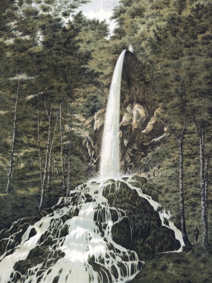 Urach waterfall, Urach waterfall, two kilometers southwest of Bad Urach im Maisental, a side valley of the Erms, Reutlingen district, Baden-Württemberg, Germany, high waterfall falling over moss-covered rocks in a dense forest, authentic reproduction of a school mural, historic, around 1900