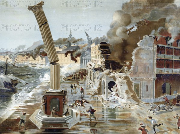 Symbolic image of earthquakes, destroyed houses and infrastructure, damage, scene of a destroyed city with burning buildings and fleeing people, authentic reproduction of a school mural, historic, around 1900