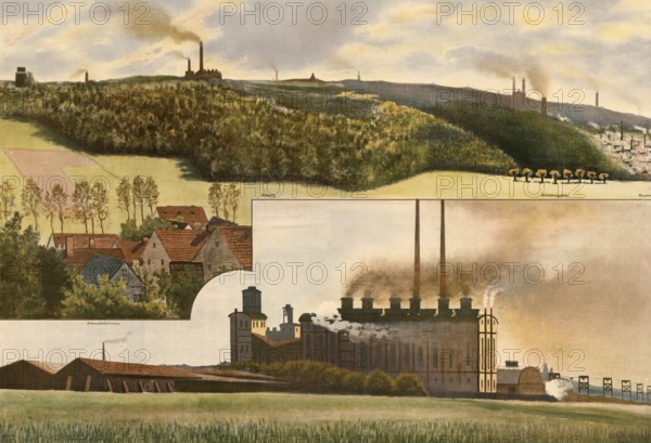 Brown coal mining in Thuringia, Bismarckschacht and Auholz, Schnauderhainichen, district of the town of Meuselwitz in the Altenburger Land district in Thuringia, Germany, industrial landscape with factories on hills and smoky skies, authentic reproduction of a school mural, historical, around 1900