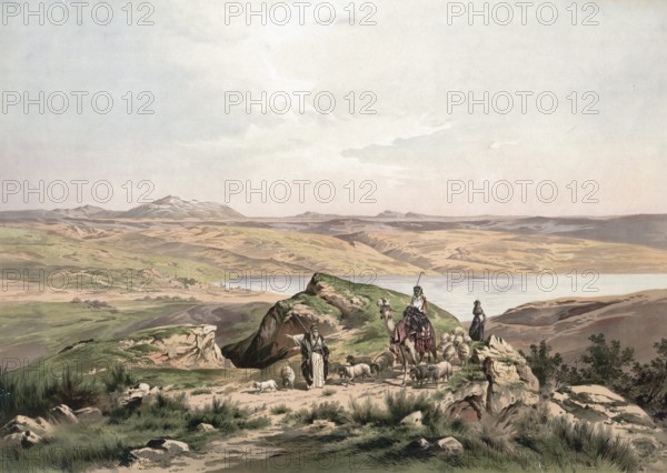 Mountain of Beatitudes, according to Christian tradition, this is the place where Jesus of Nazareth delivered the Sermon on the Mount, Israel, Palestine, shepherds with sheep on a hill overlooking a river and mountains, authentic reproduction of a school wall painting, historical, around 1900