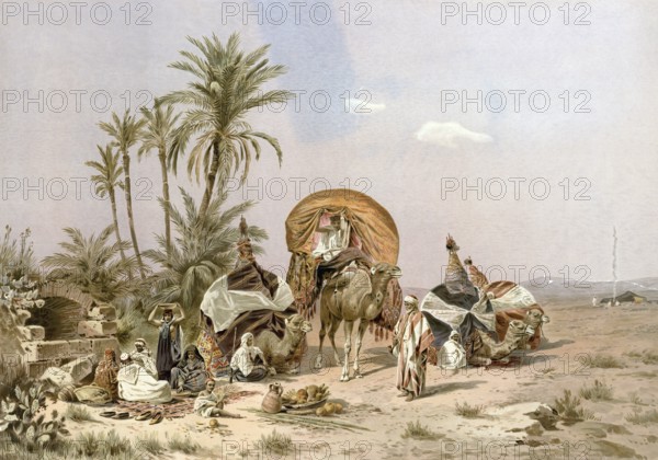 Bedouins, rest, camp in the desert, Arabia, caravan with camels and travelers in a desert landscape under palm trees, authentic reproduction of a school mural, historic, around 1900