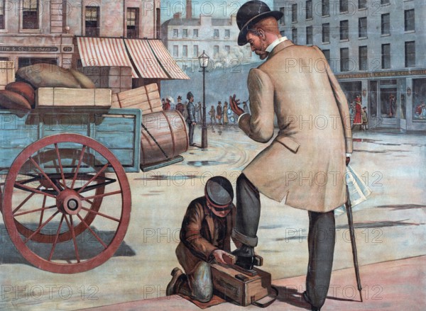 Shoe cleaner, boy as a shoe cleaner with an elegant gentleman in the street, A man has his shoes cleaned by a boy on the street while a cart stands in the background, authentic reproduction of a school wall painting, historical, around 1900