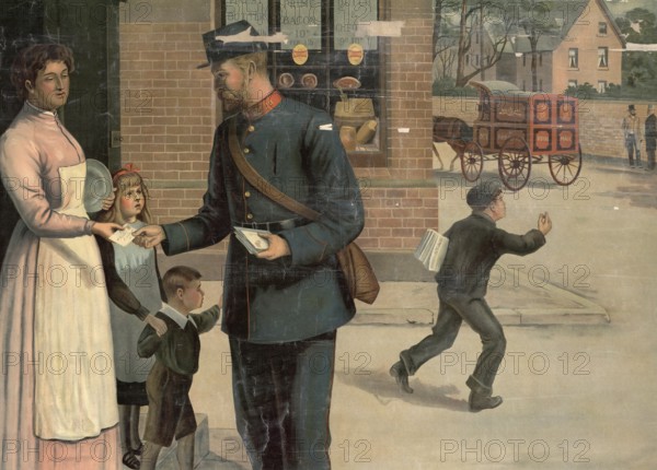 Postman, handing over a letter to the housewife, Germany, A postman presents a letter to a woman in front of a house while a boy looks on, authentic reproduction of a school mural, historical, around 1900