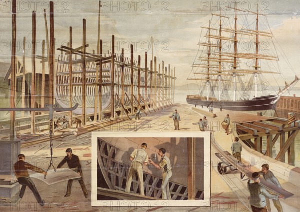 Shipbuilding, building sailing ships in a shipyard, carpenter, timber construction, workers construct a sailing ship at a shipyard. In the background is a large sailing ship, authentic reproduction of a school mural, historic, around 1900