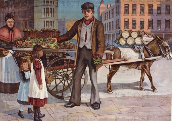 Greengrocer with cart full of vegetables and customers, Germany, A merchant selling vegetables from a cart pulled by a donkey in a town, authentic reproduction of a school mural, historical, around 1900