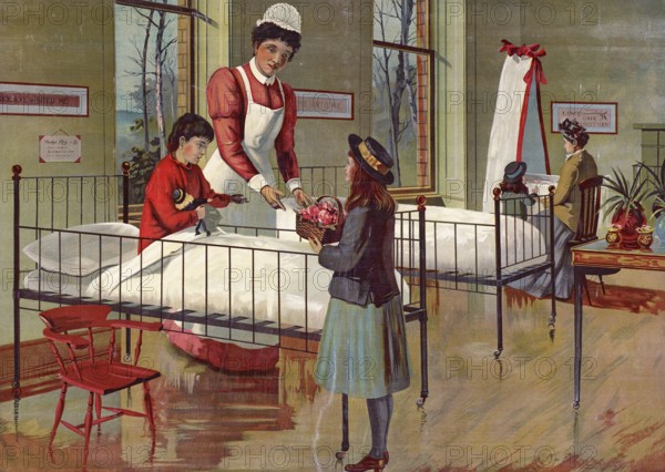 In a children's hospital, sick children in a dormitory room, visitor, nurse, scene in a hospital with a nurse taking care of a child, authentic reproduction of a school mural, historical, around 1900