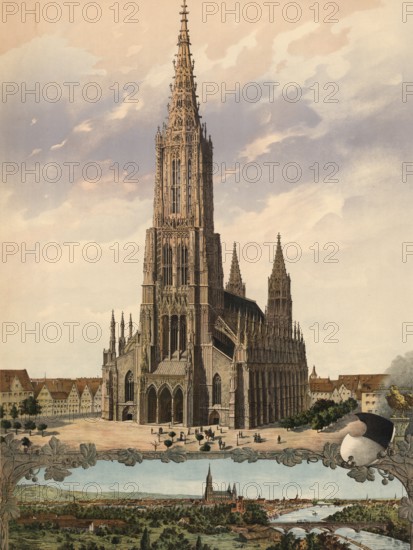 Ulm Minster in Ulm, Baden-Württemberg, Germany, impressive Gothic cathedral with surrounding city under cloudy sky, authentic reproduction of a school mural, historic, around 1900