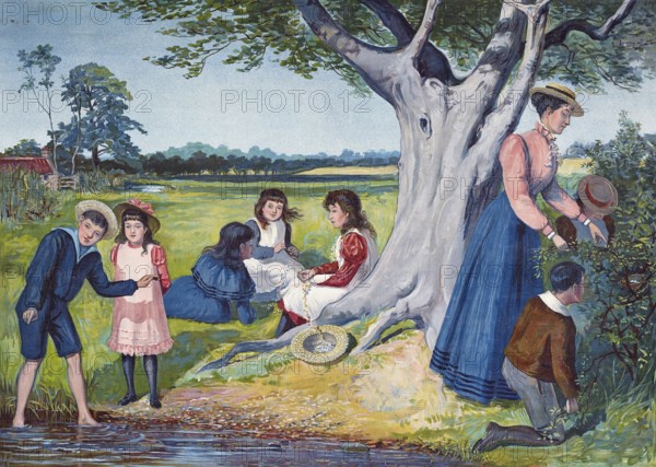 Trip with the children to the countryside, summer vacation, vacation, group of people having a picnic under a tree in a summer landscape, authentic reproduction of a school mural, historical, around 1900