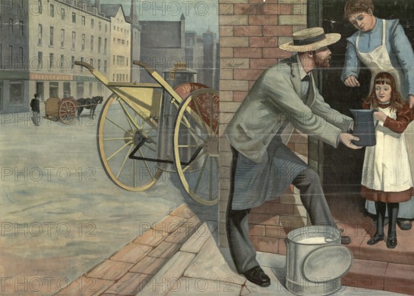 Milchman delivers milk to the front door, Germany, A milkman delivers milk to a child in a busy urban street, authentic reproduction of a school mural, historic, around 1900