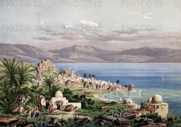 Tiberias, city in Galilee in the State of Israel on the western shore of the Sea of Galilee, ancient coastal town with ruins, palm trees and mountains in the background, authentic reproduction of a school mural, historic, around 1900