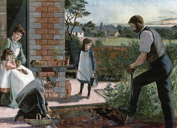 Man gardening, digging with spade, family, a family working in the garden, a woman watering plants while a man works with a spade, authentic reproduction of a school wall painting, historical, around 1900