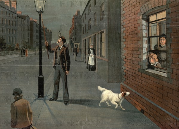 Lantern lighter lighting the gas lanterns every evening, evening street scene with a person lighting a gas lantern while a dog runs past, authentic reproduction of a school mural, historic, around 1900