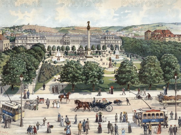 Schlossplatz in Stuttgart, Baden-Württemberg, Germany, lively town square with fountain, people, horse-drawn carriages and trams surrounded by trees, authentic reproduction of a school mural, historic, around 1900