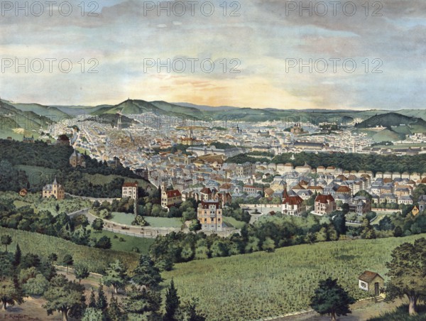 Panorama of Stuttgart, Baden-Württemberg, Germany, panorama of a city with surrounding hills, numerous buildings and lots of greenery, authentic reproduction of a school mural, historical, around 1900