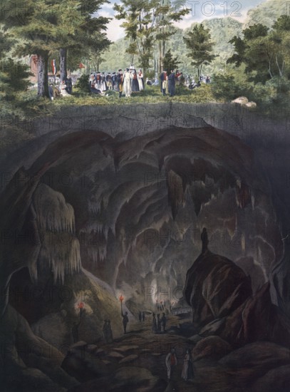 Nebelhöhle, a stalactite cave in the Swabian Jura in Baden-Württemberg, with spring festival, Swabia, Germany, interior view of a cave with stalactites and people exploring them, authentic reproduction of a school mural, historic, around 1900