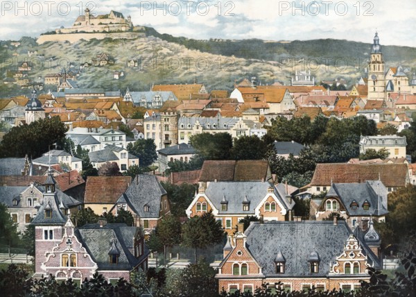 Coburg, city and fortress, Upper Franconia, Bavaria, Germany, urban landscape with houses and hills in the background, authentic reproduction of a school wall painting, historical, around 1900