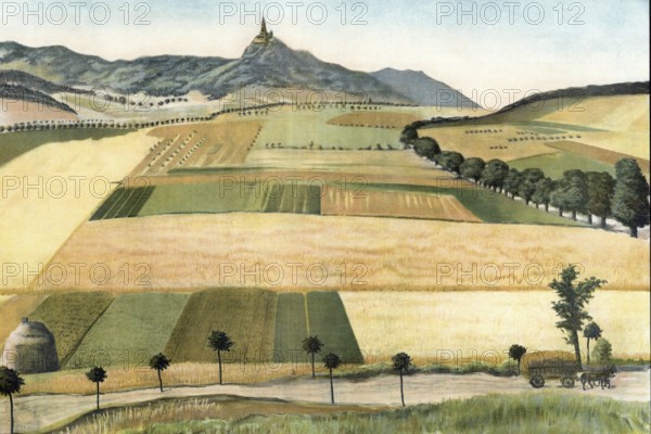 Kyffhäuser with golden floodplain, low mountain ranges south of the Harz, Thuringia, Germany, fields and hills with a small village in a wide landscape, authentic reproduction of a school mural, historical, around 1900