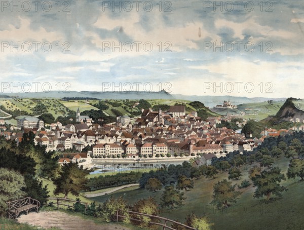 Schwäbisch Hall, city in northeast Baden-Württemberg, Germany, panorama of a city with a river and hills in the distance, surrounded by greenery, authentic reproduction of a school mural, historical, around 1900