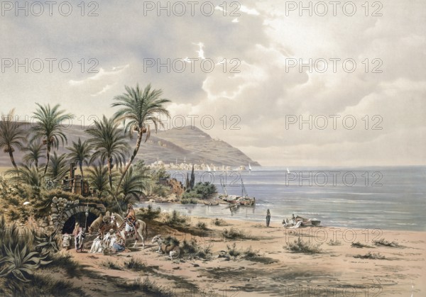 Carmel Mountains, Carmel or Carmel and the city of Haifa, Israel, beach landscape with palm trees and sailboats in front of a picturesque rocky coast, authentic reproduction of a school mural, historic, around 1900