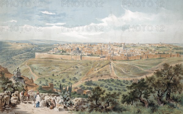 Panorama of Jerusalem, today Israel, panorama of an ancient city with walls in a vast landscape, authentic reproduction of a school mural, historical, around 1900
