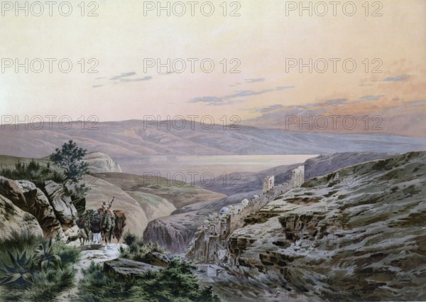 The Dead Sea, Israel, Jordan, view of a lake surrounded by mountains and a peaceful atmosphere during twilight, authentic reproduction of a school mural, historic, around 1900
