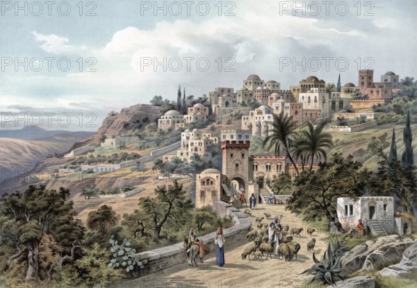 Bethlehem at the time of Jesus Christ, Israel, picturesque depiction of an ancient city on hills with people and animals in an idyllic landscape, authentic reproduction of a school mural, historical, around 1900