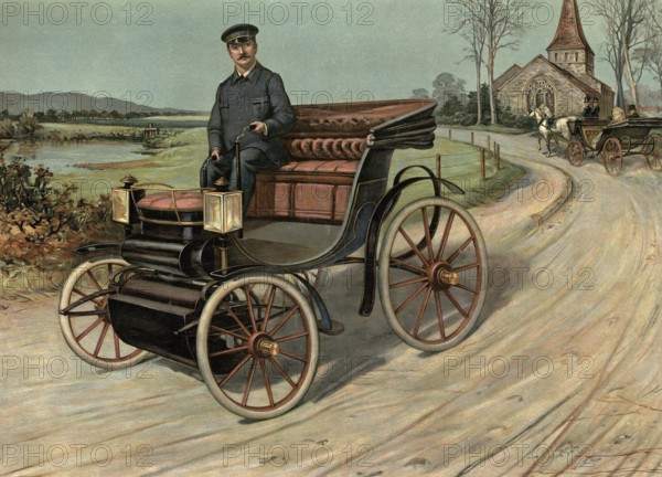 Driver with a motor vehicle, the first Daimler motorised carriage (?), Germany, A driver in an early automobile on a country road near a church, authentic reproduction of a school mural, historical, around 1900